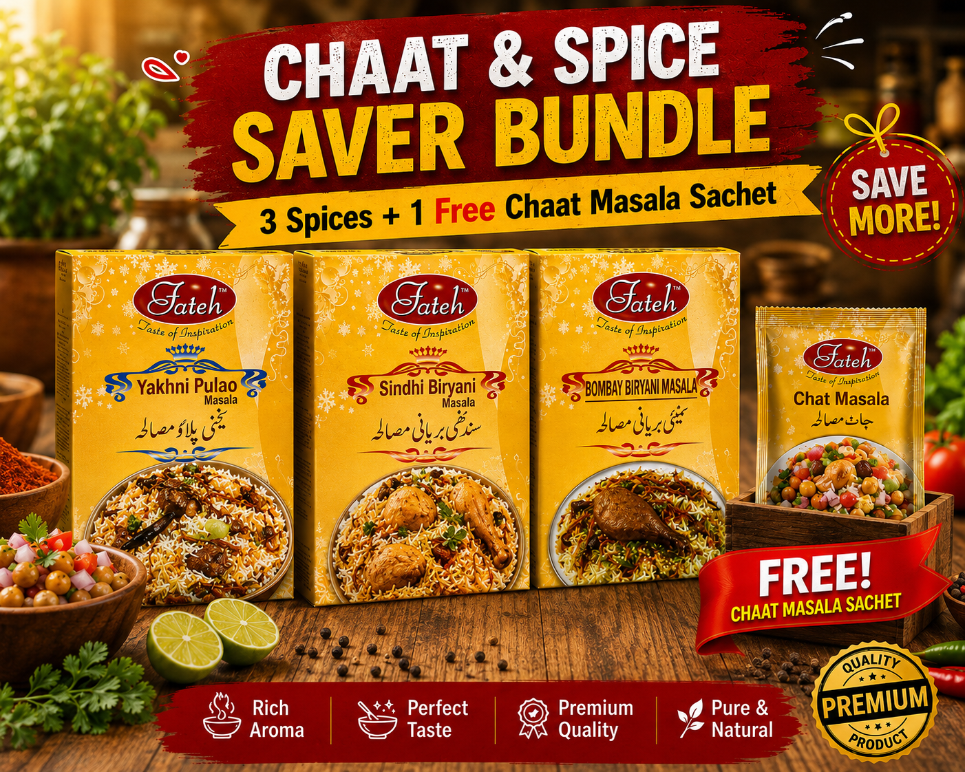 Fateh Chaat & Spice Bundle | Fateh Foods Fateh Chaat and Spice Bundle with Yakhni Pulao, Sindhi Biryani, Bombay Biryani and free Chaat Masala